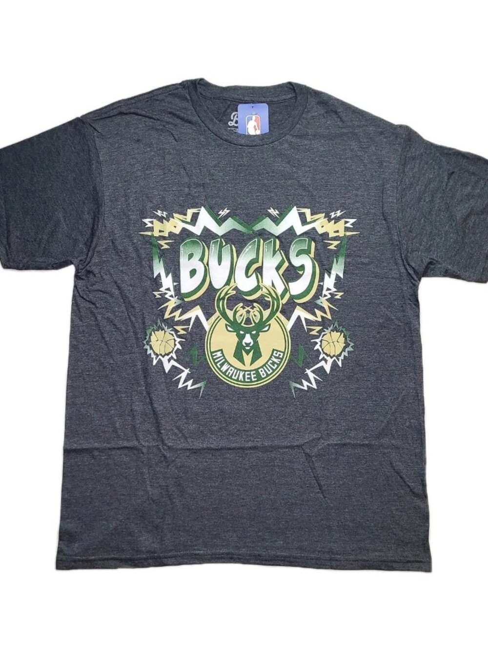 Milwaukee Bucks Gray T Shirt Mens Size L Blue 84 NBA Official Fan Gear NWT 🏀